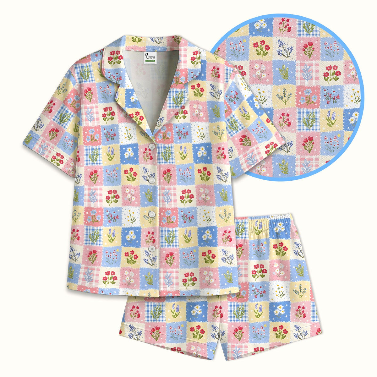 Pastel Patchwork Wildflower Garden Nurse Pajama Set