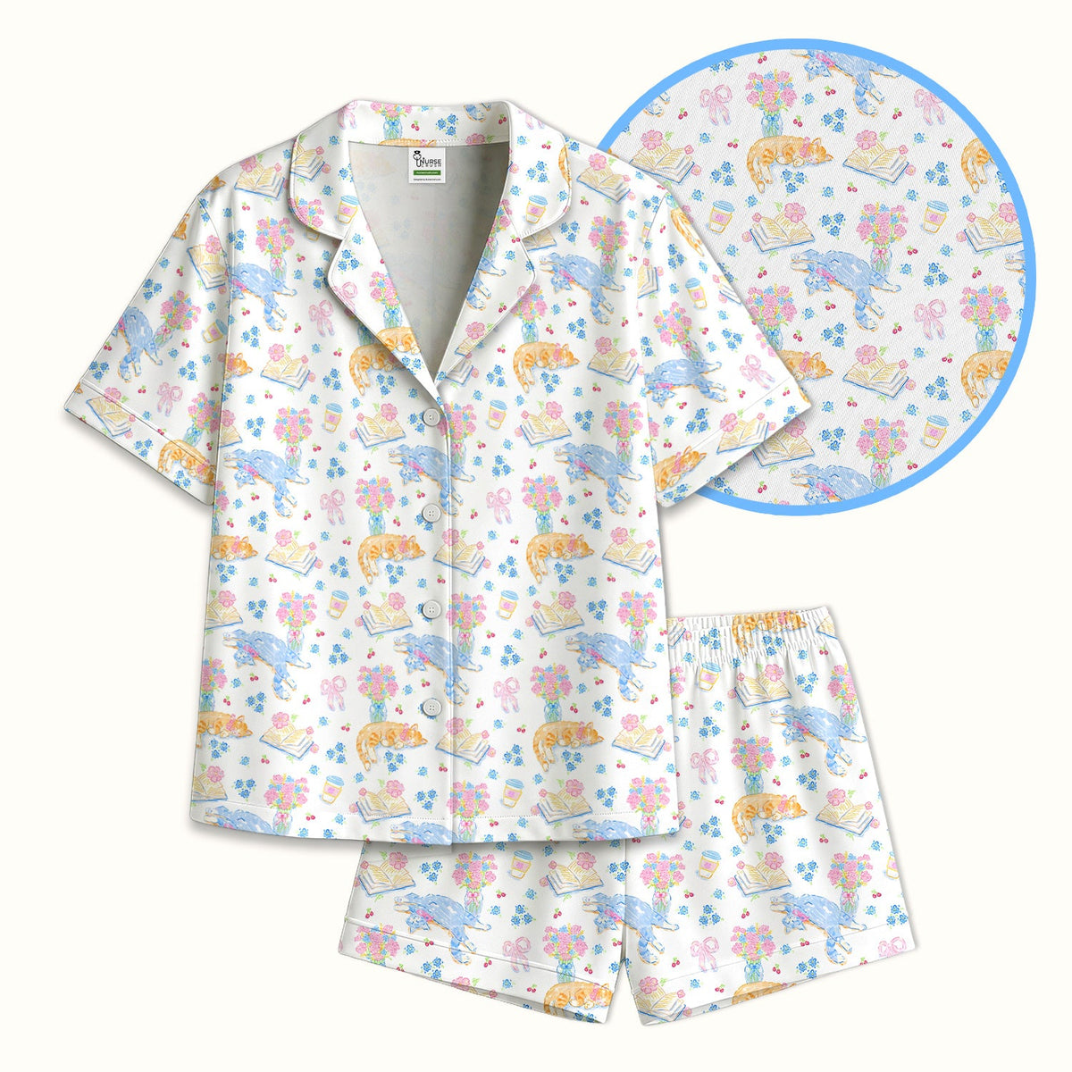 Cats Reading Floral Books Nurse Pajama Set