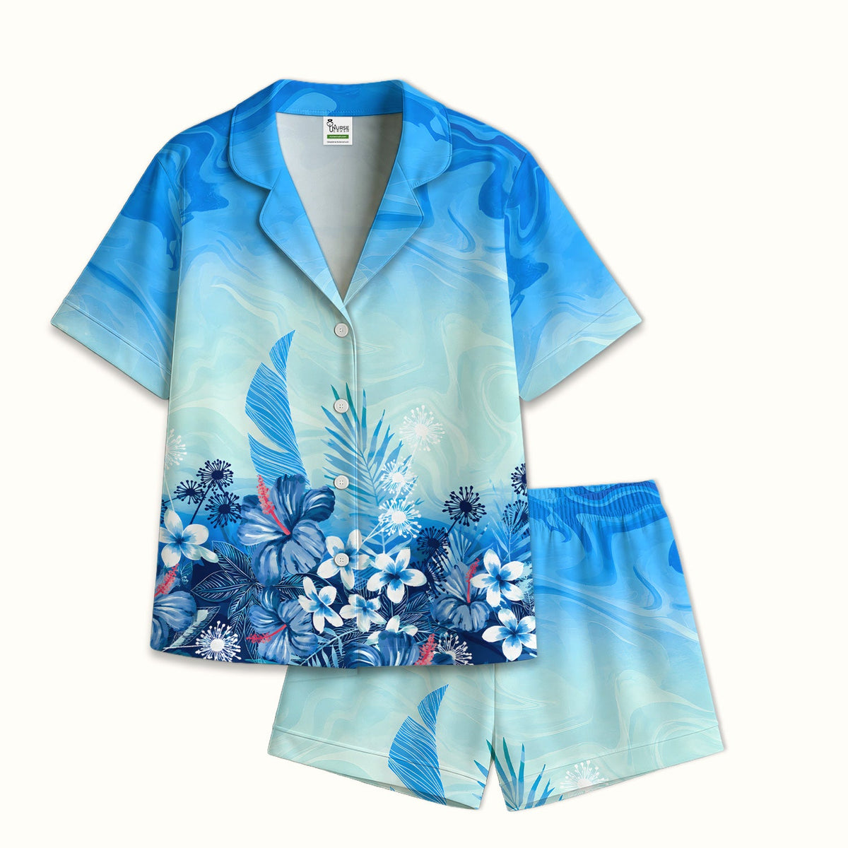 Elegant Blue Tropical Floral Pajama Set