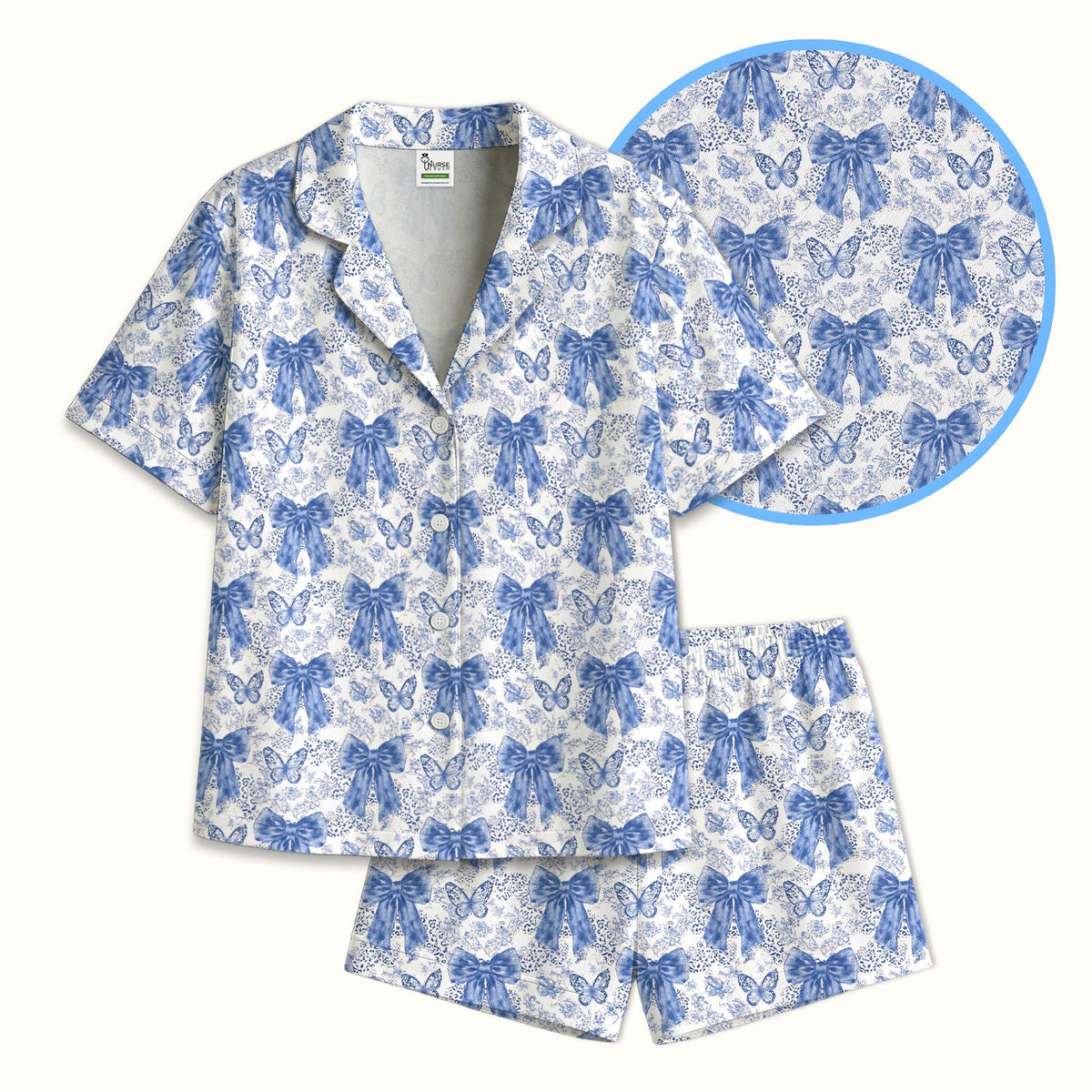 Blue Bow Butterfly Vintage Floral Pajama Set