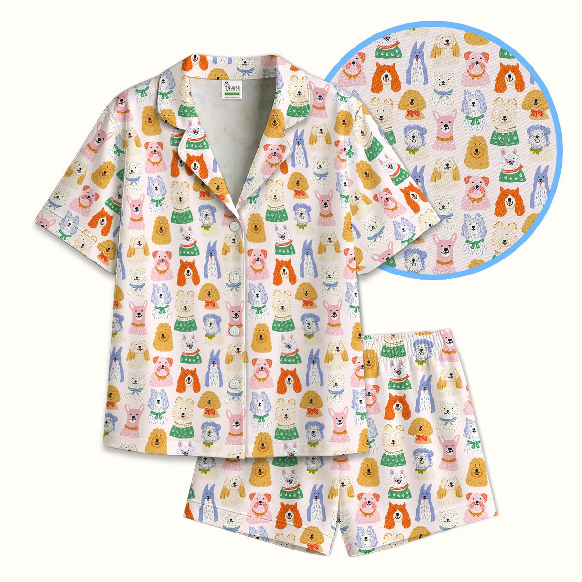Colorful Dog Faces Cartoon Pajama Set
