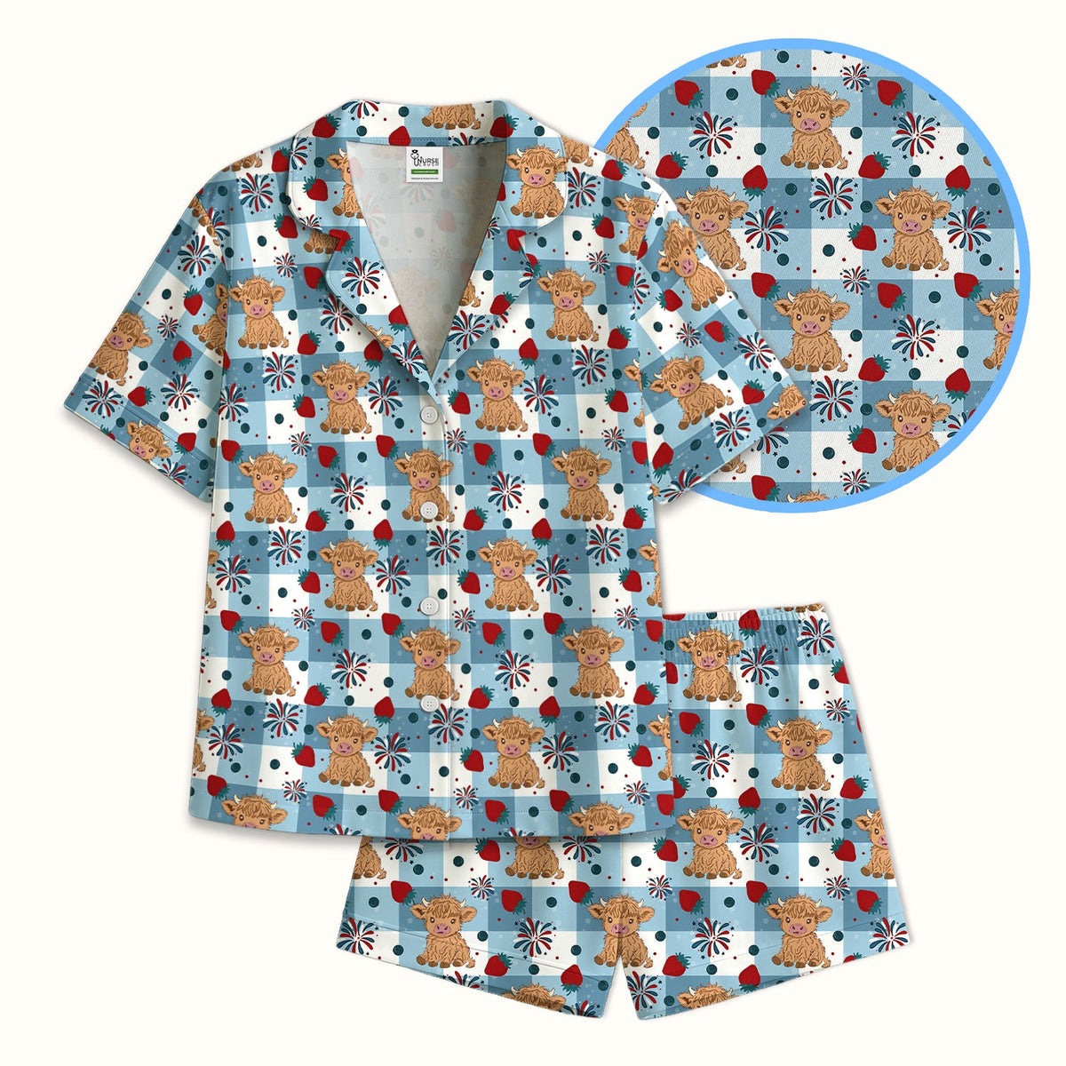 Highland Cow Strawberry Gingham Pajama Set For Nurse