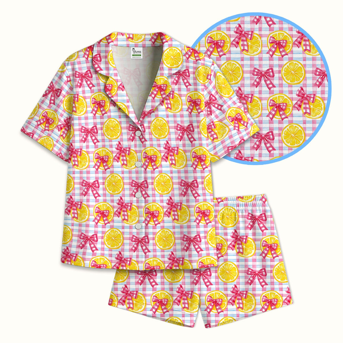 Lemon Slice Pink Bow Gingham Pajama Set