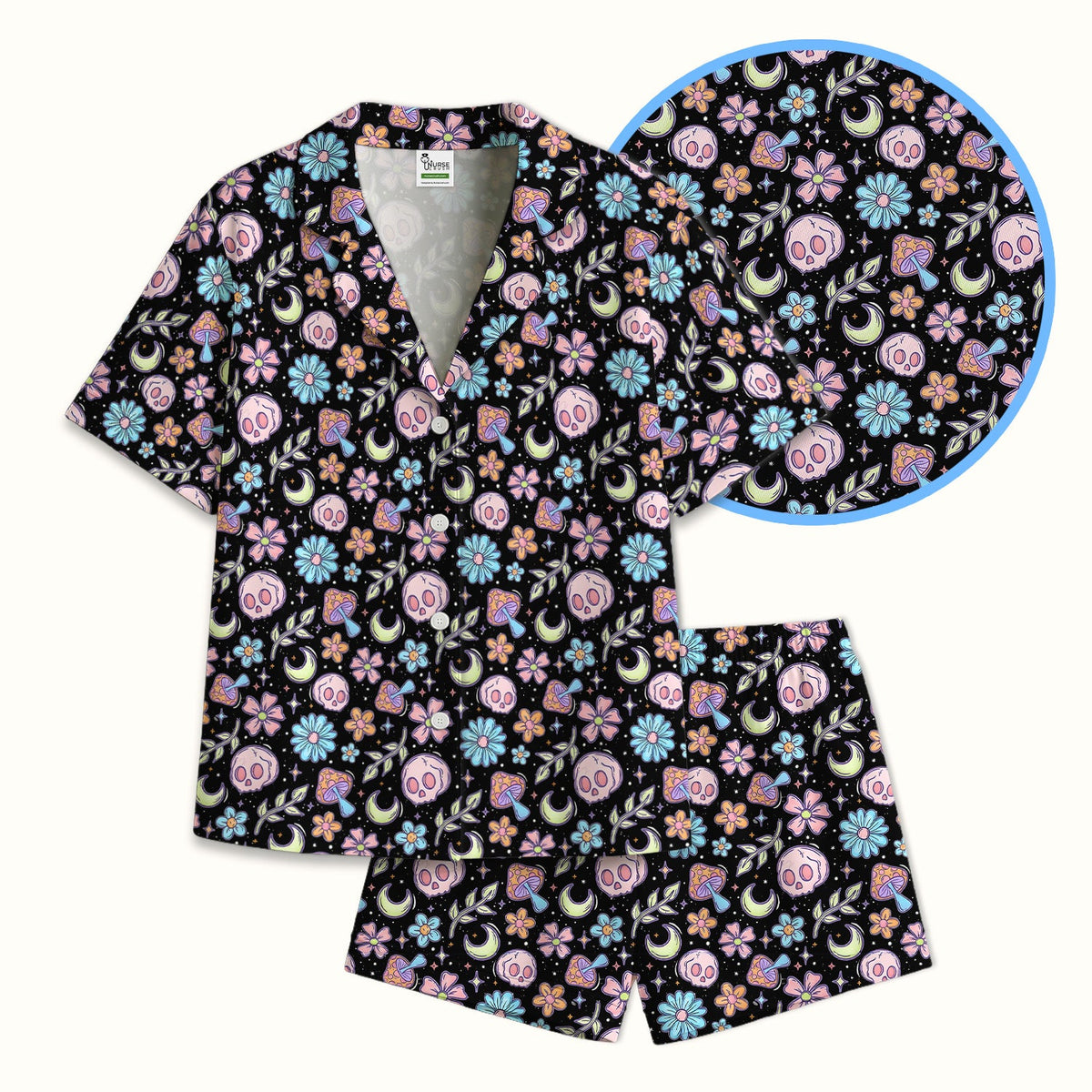 Neon Skull Mushroom Floral Nurse Pajama Set