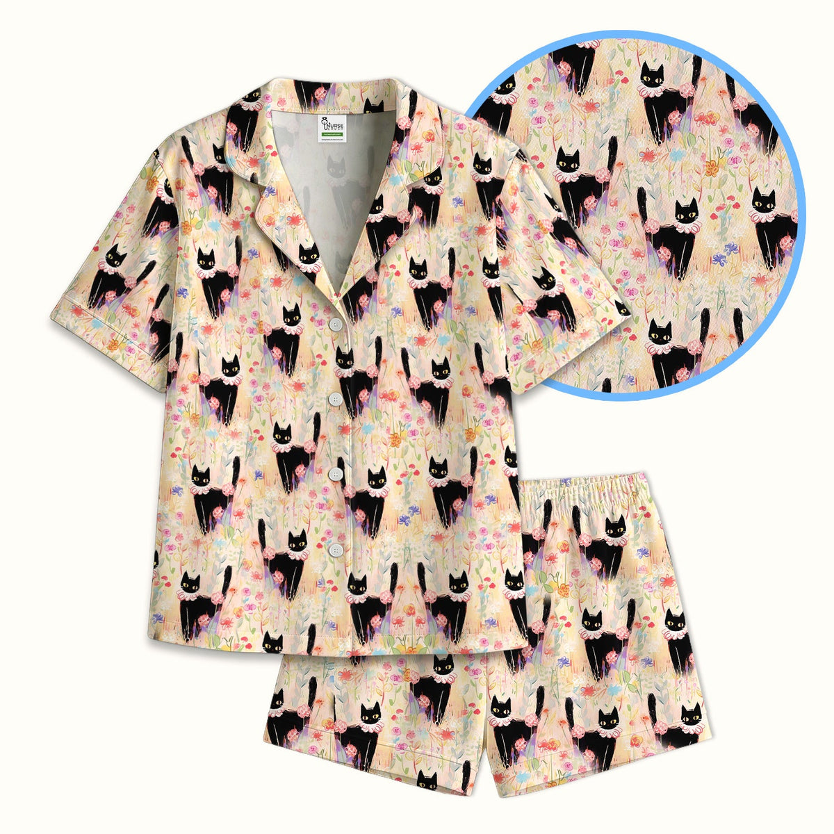 Black Cat Floral Garden Pajama Set