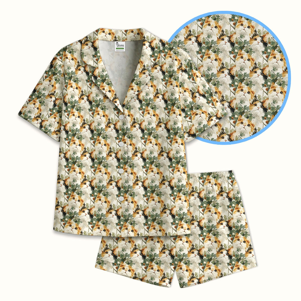 Fluffy Calico Cat Oak Leaves Pajama Set