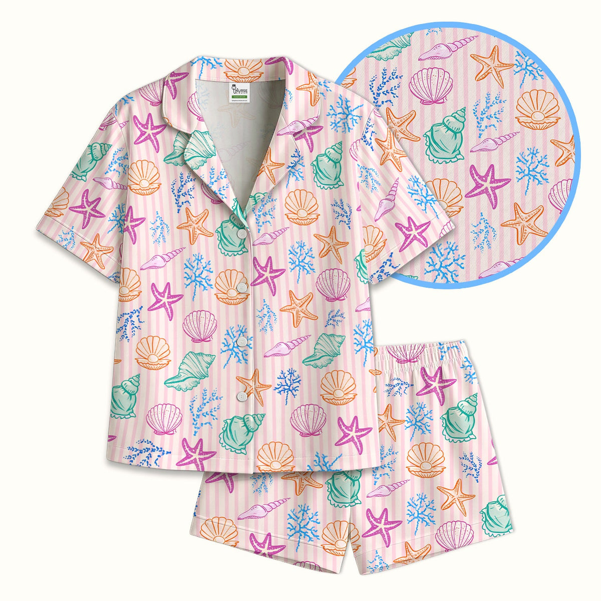 Colorful Seashell Starfish Ocean Stripe Pajama Set