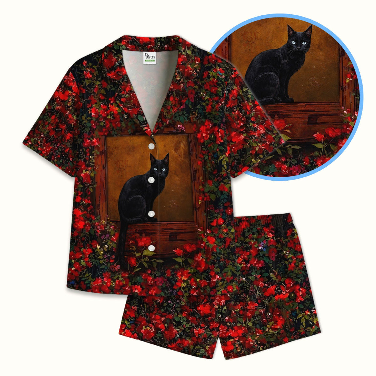 Black Cat By Red Floral Window Pajama Set