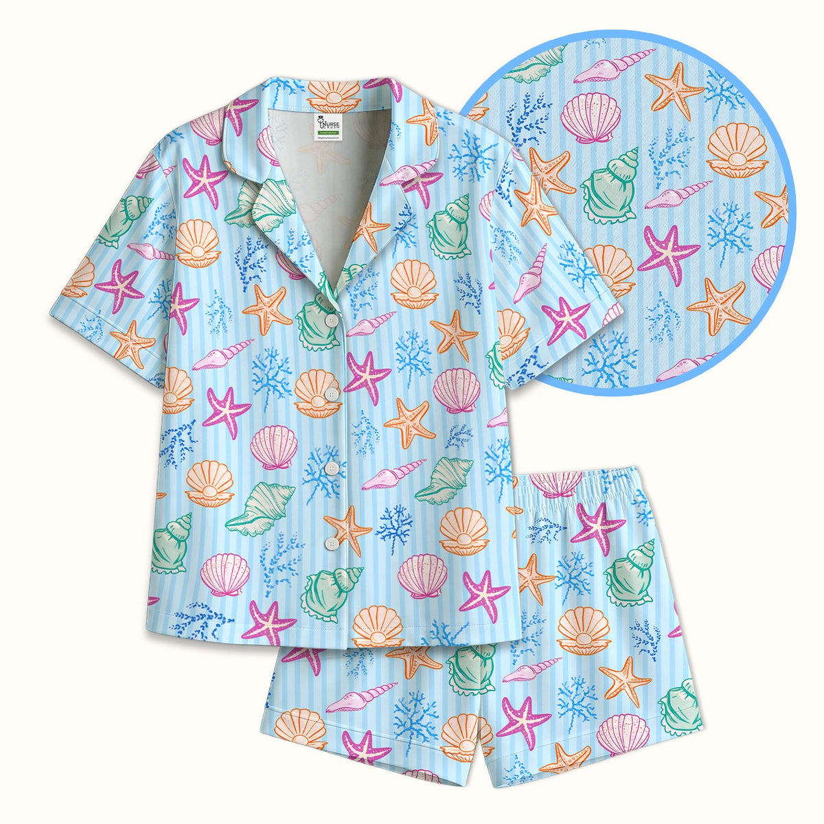 Colorful Seashell Starfish Ocean Stripe Pajama Set