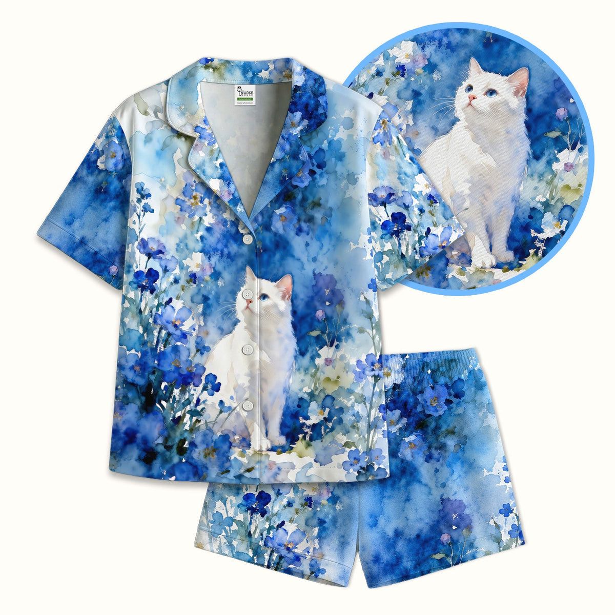 Adorable Blue Floral White Cat Pajama Set