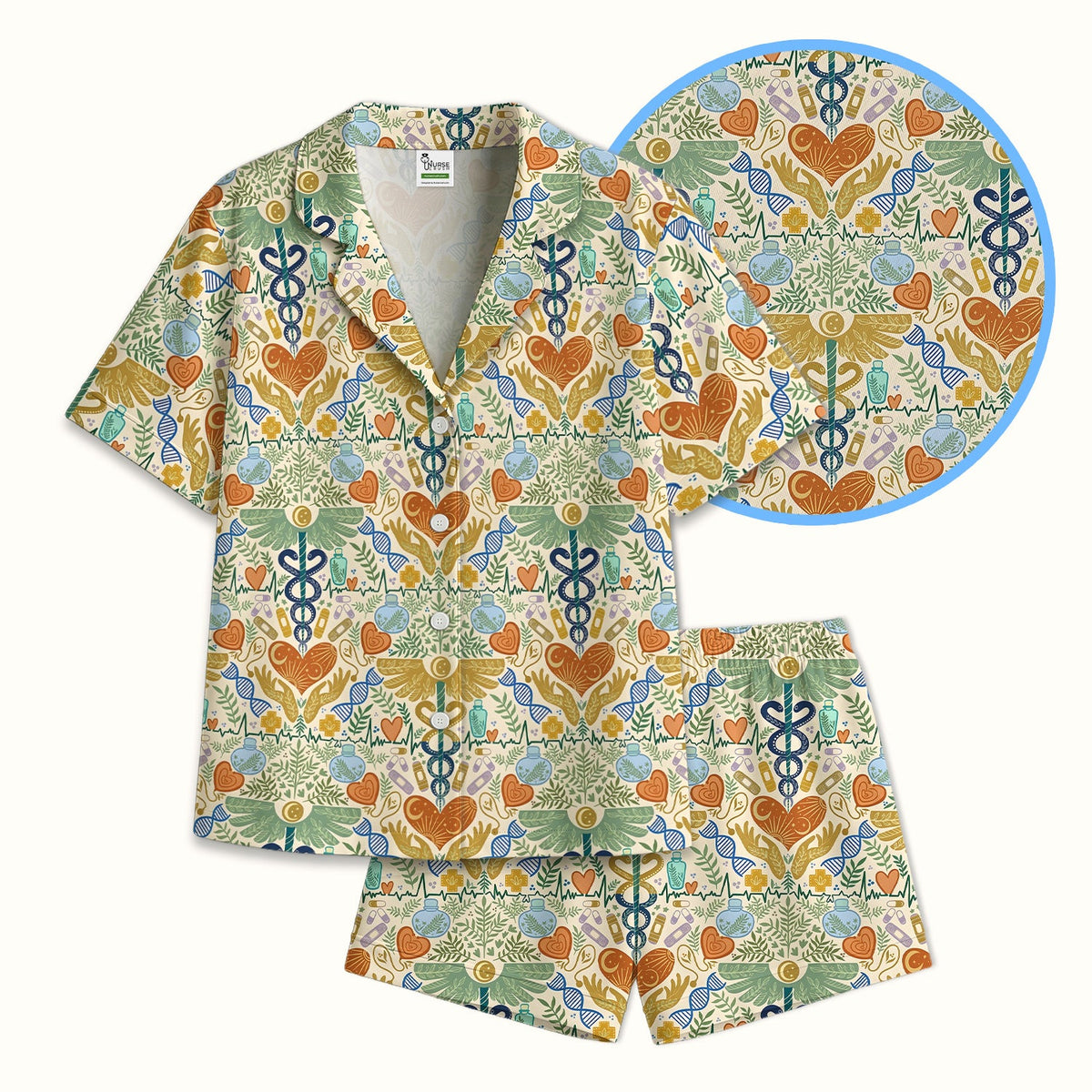 Botanical Caduceus Heart Nurse Pajama Set