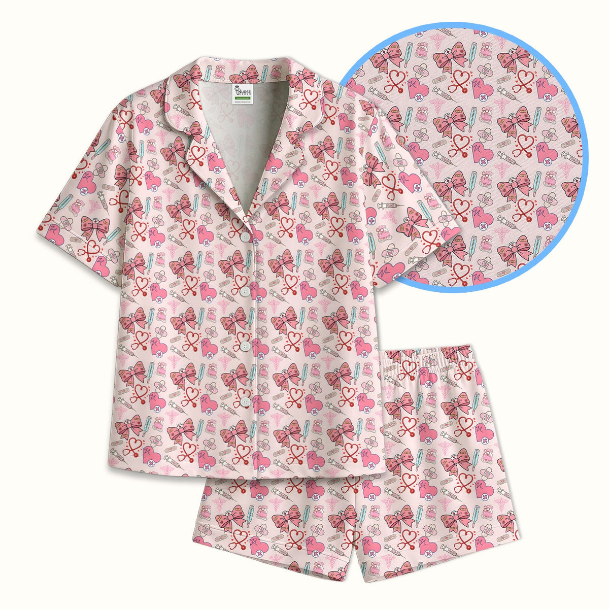 Pink Nurse Bow Heart Pajama Set