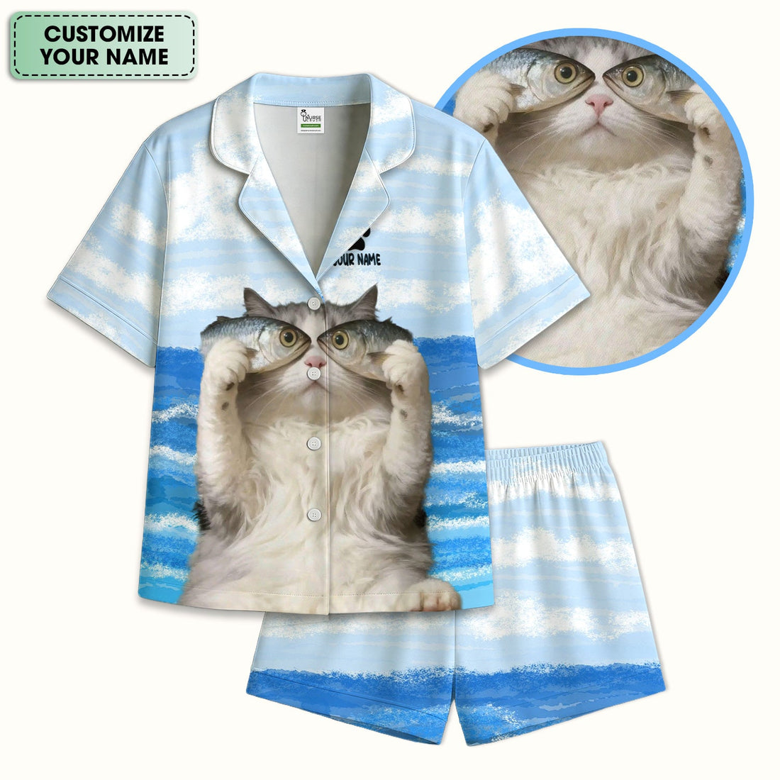 Personalized Cat Holding Fish Pajama Set
