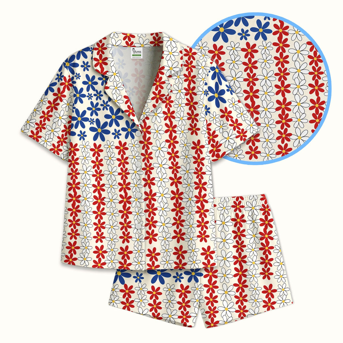 Retro Red Blue Daisy Pajama Set