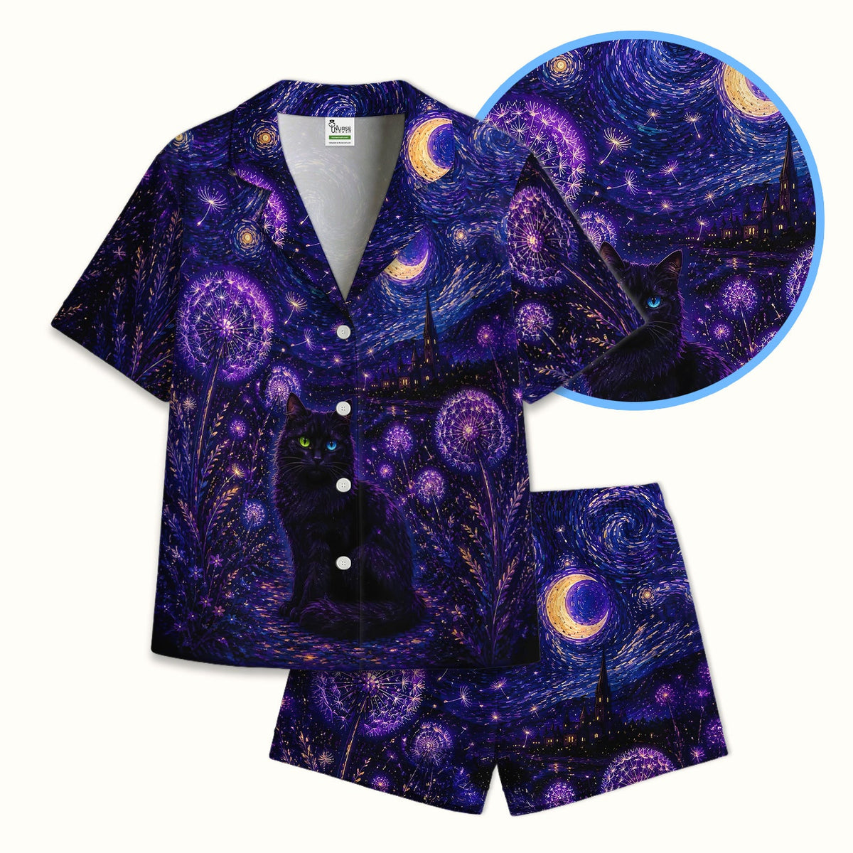 Mystical Black Cat Starry Night Pajama Set