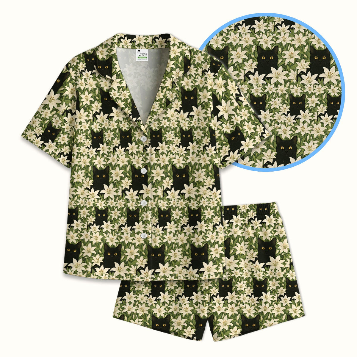 Black Cat Hidden In Lily Garden Pajama Set