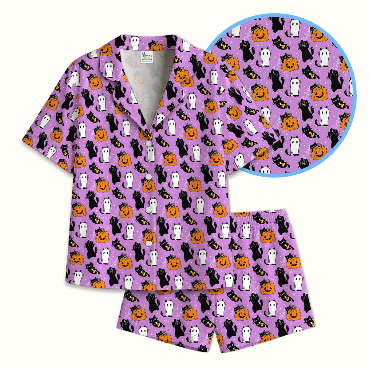 Purple Halloween Black Cat Pajama Set
