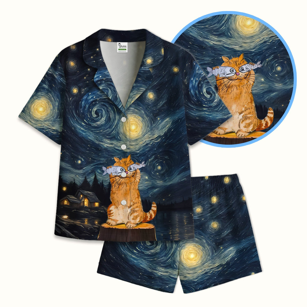 Cat Starry Night Sky Nurse Pajama Set