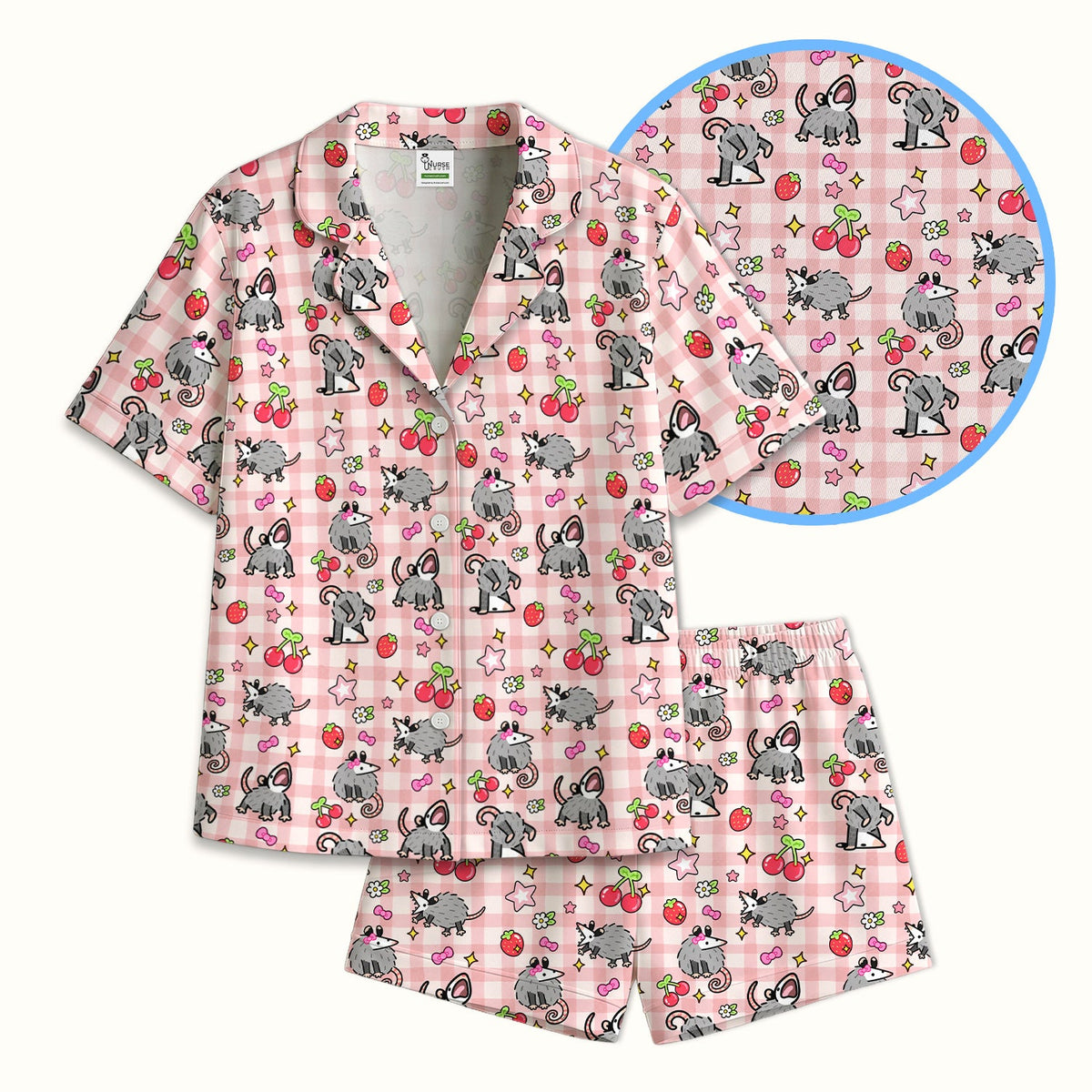 Opossum And Cherries Gingham Pajama Set