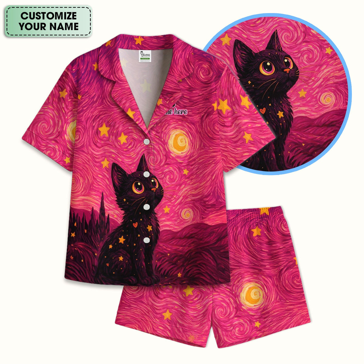 Personalized Black Cat Galaxy Star Swirl Pajama Set