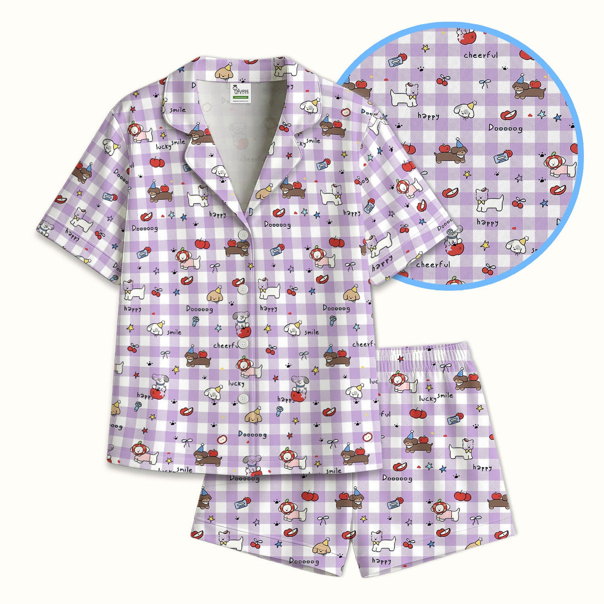 Cartoon Puppy Apple Gingham Pajama Set