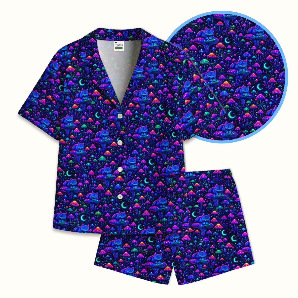 Neon Mushroom Cat Galaxy Pajama Set