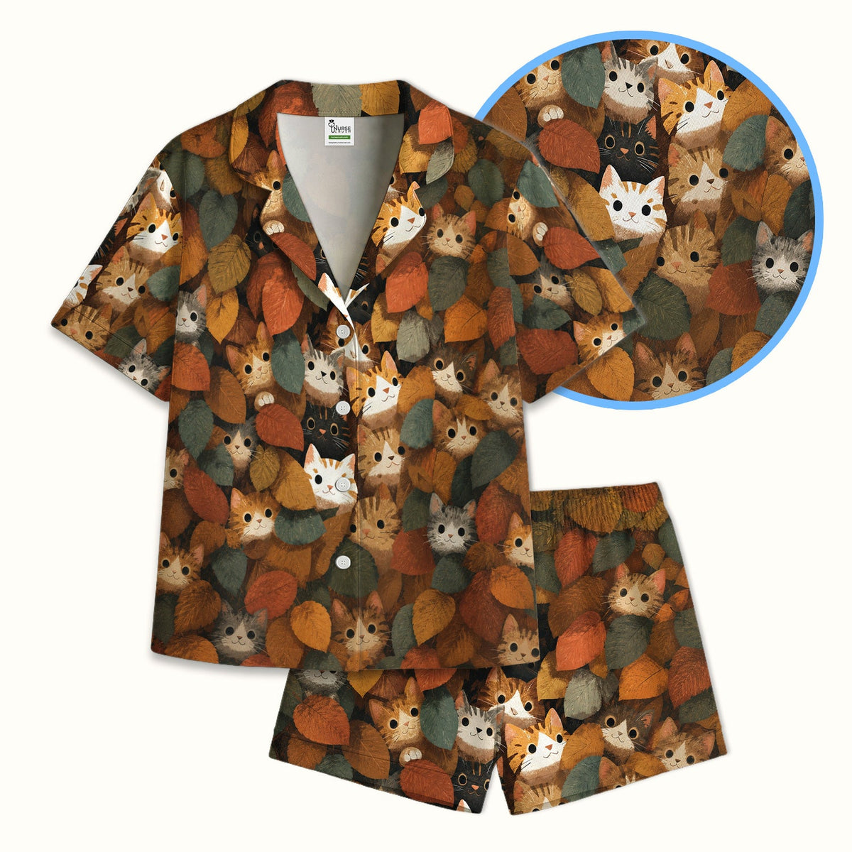 Cute Autumn Cat Leaf Pile Pajama Set