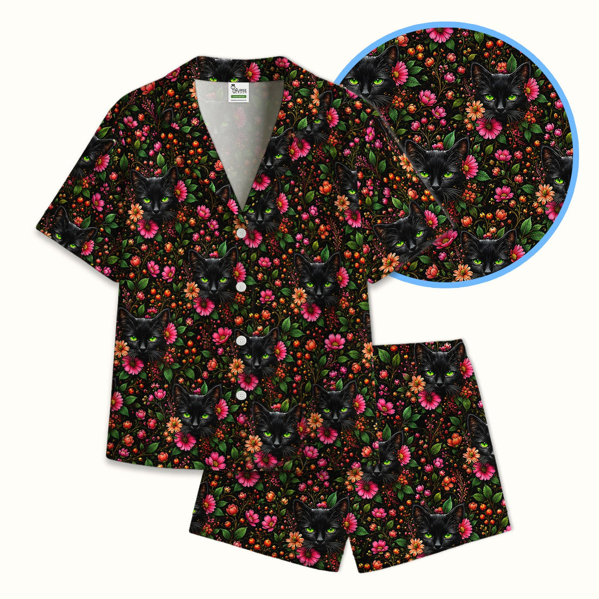 Adorable Black Cat Blossom Pajama Set