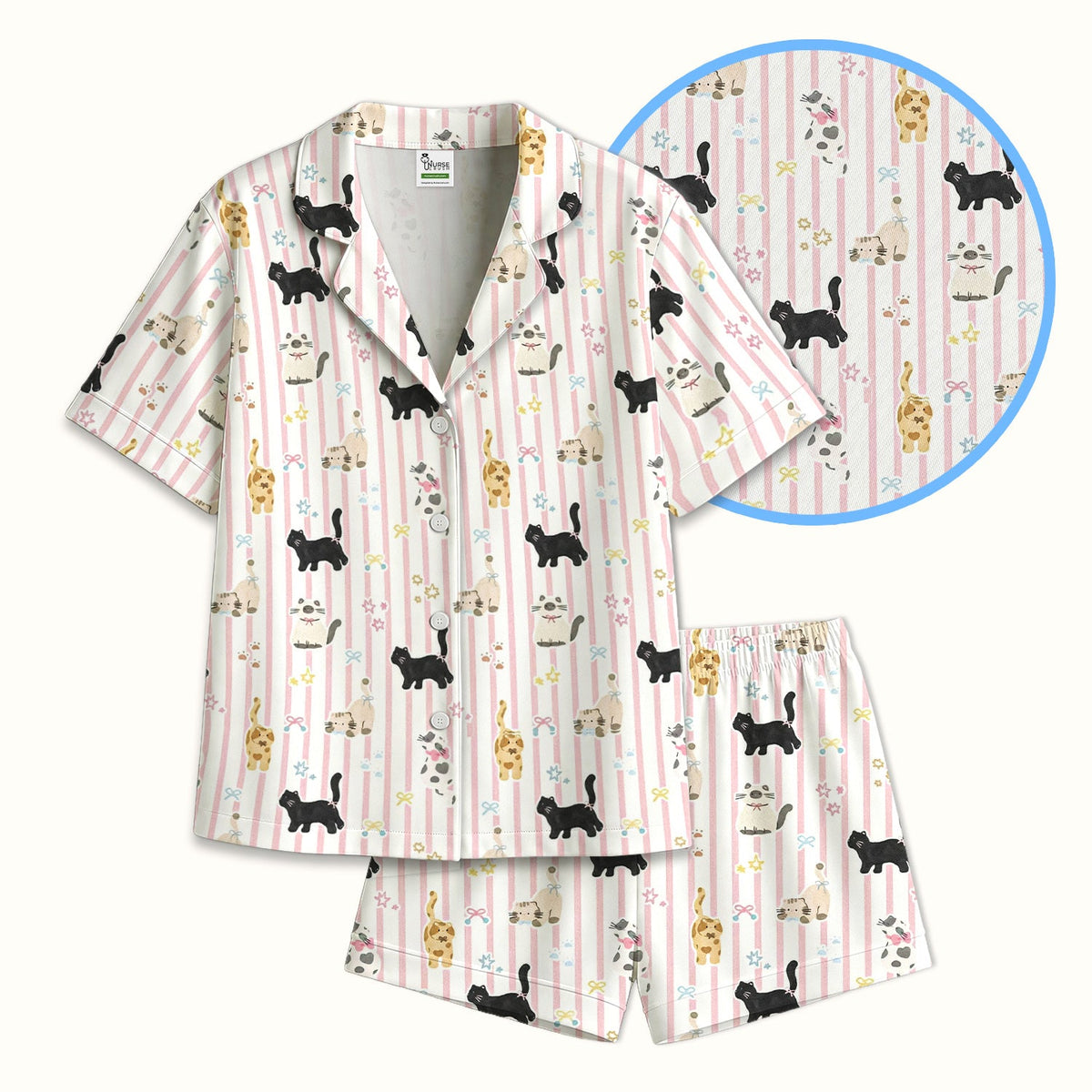 Playful Cat Stripe Ribbon Pajama Set