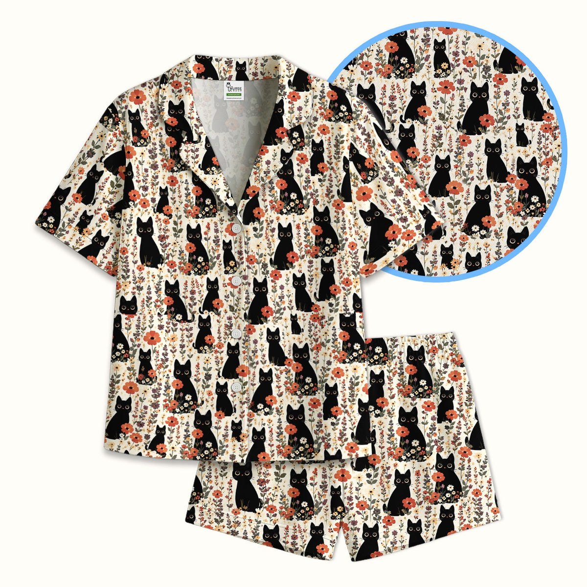 Cute Black Cat Wildflower Pajama Set