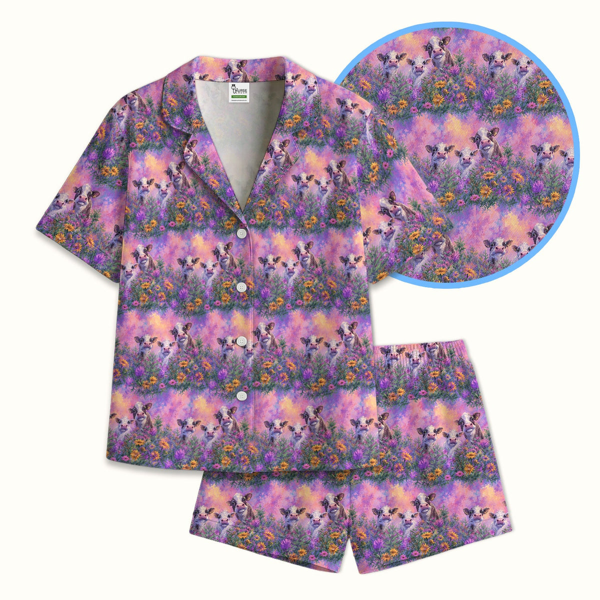 Pastel Cow Meadow Flower Nurse Pajama Set