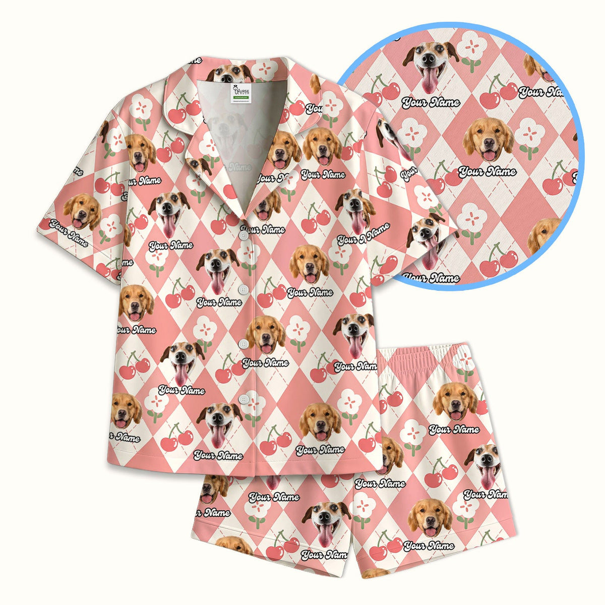 Dog Face Cherry Argyle Pajama Set
