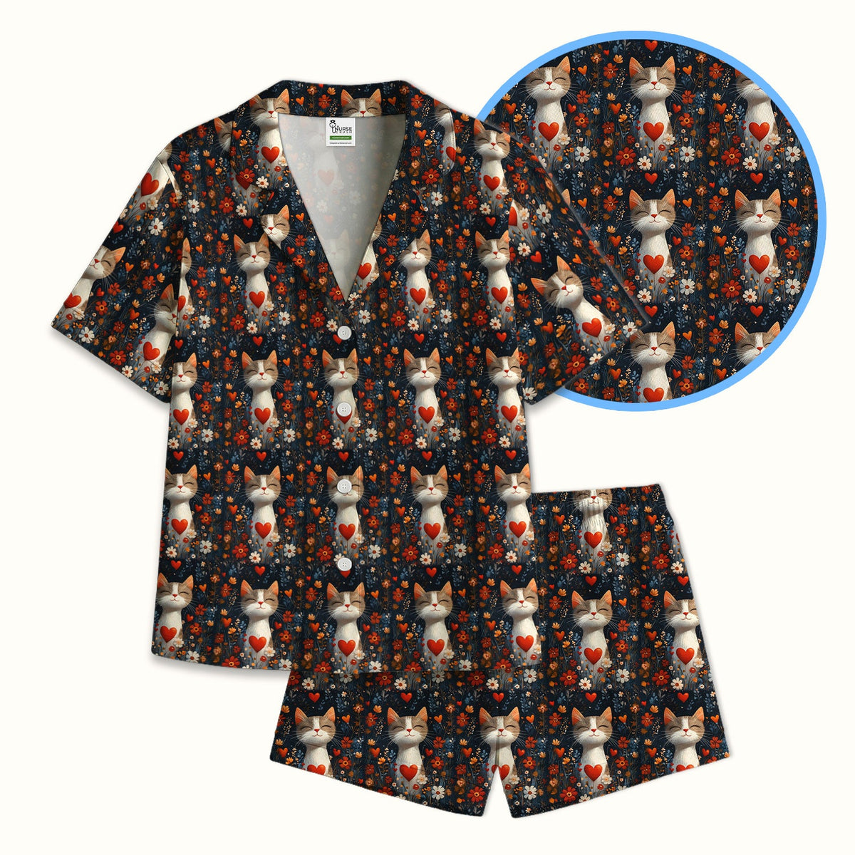 Cat Heart Floral Garden Nurse Pajama Set