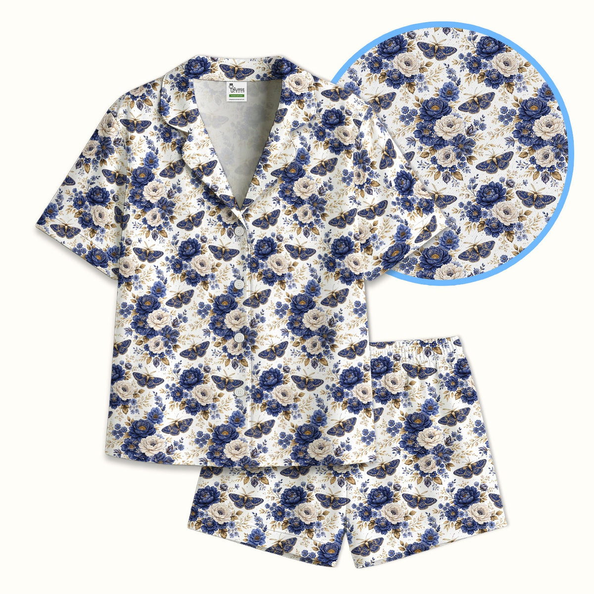 Cute Blue Floral Moth Pajama Set