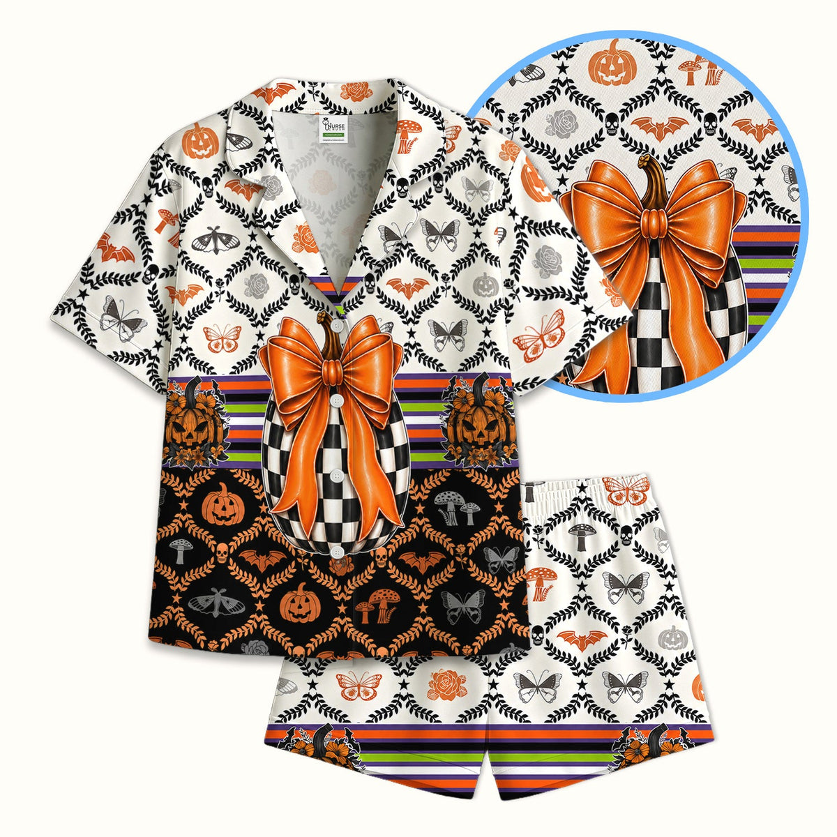 Checkered Pumpkin Bow Pajama Set - Halloween Gift For Nurse