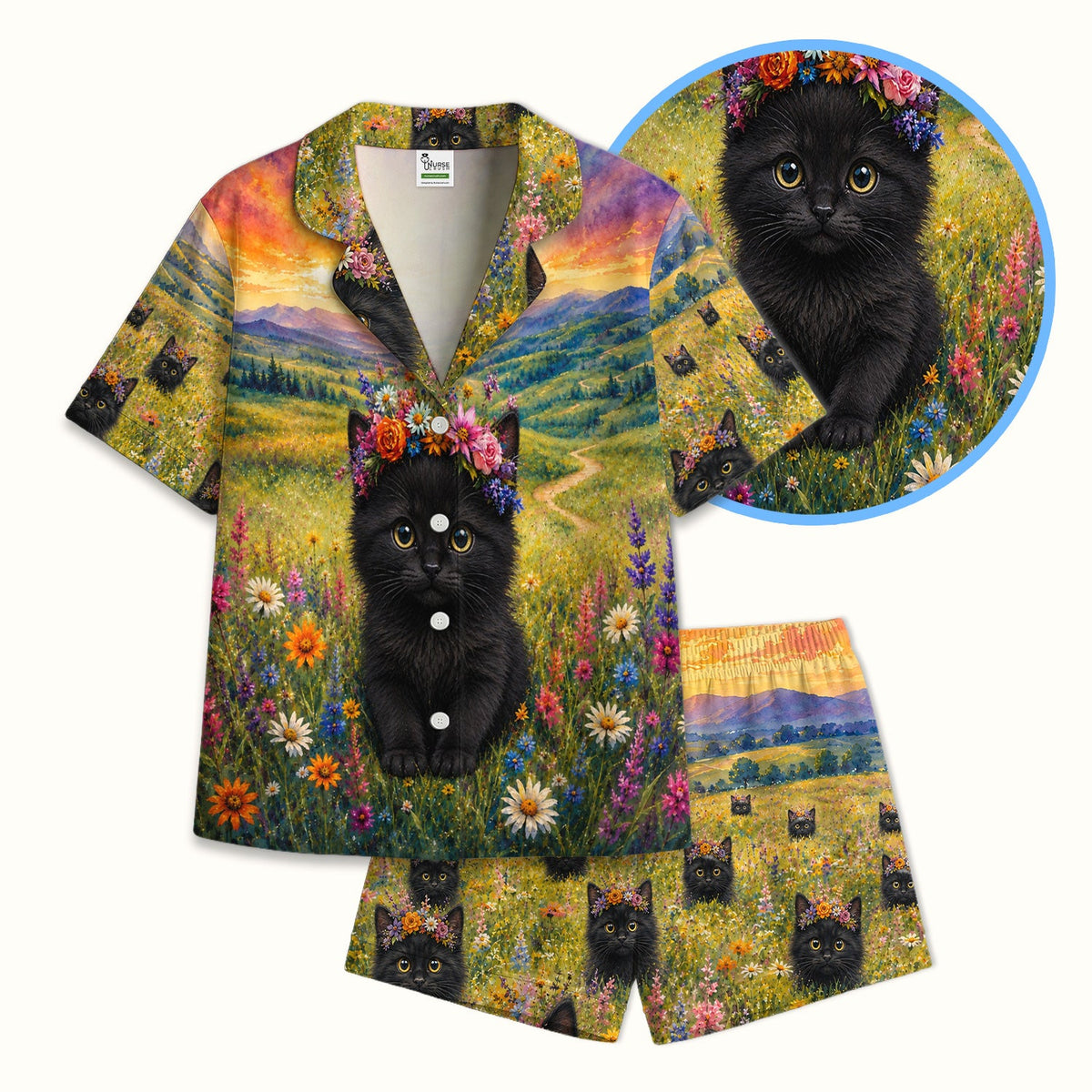 Black Kitten Flower Meadow Pajama Set