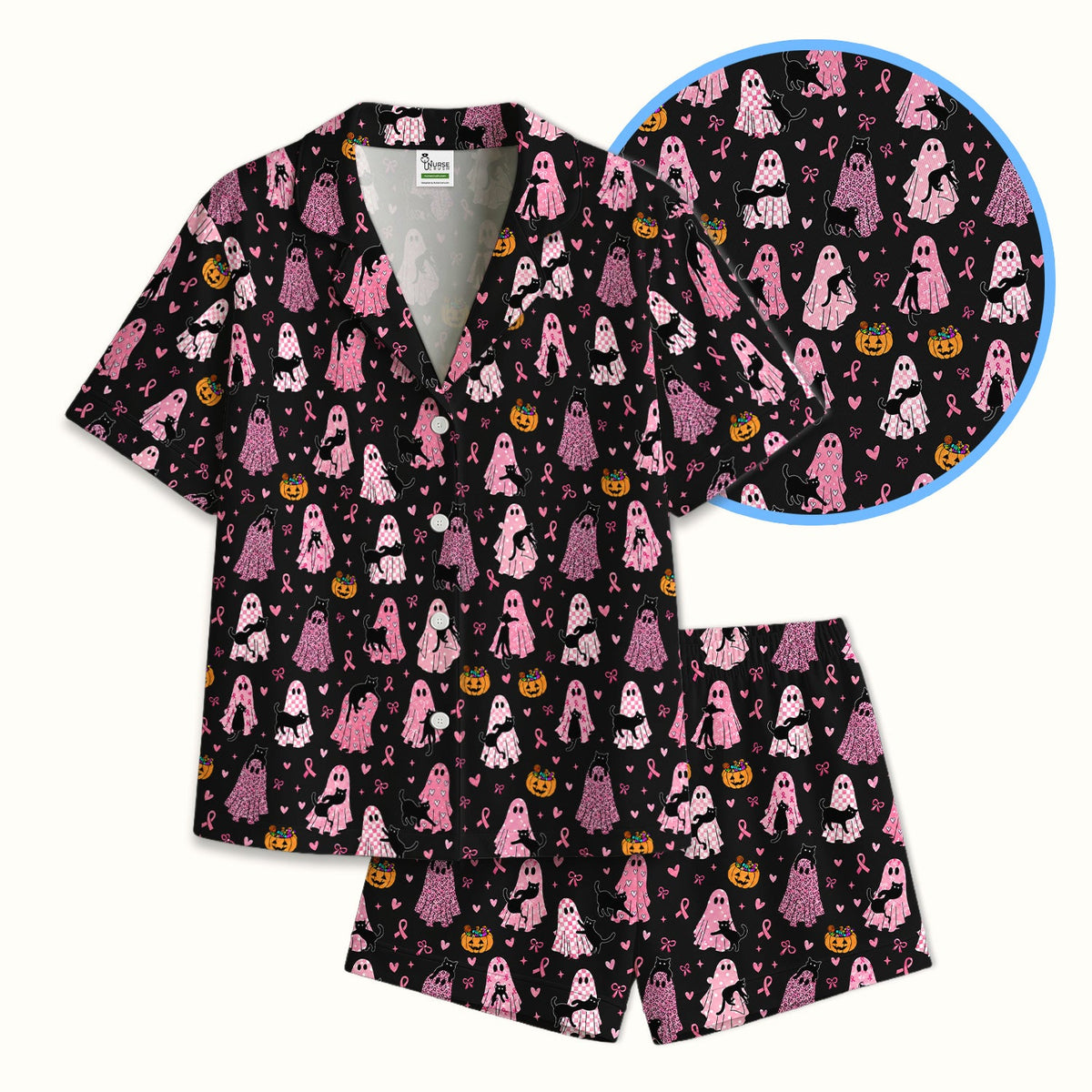 Breast Cancer Awareness Ghost Cat Nurse Pajama Set
