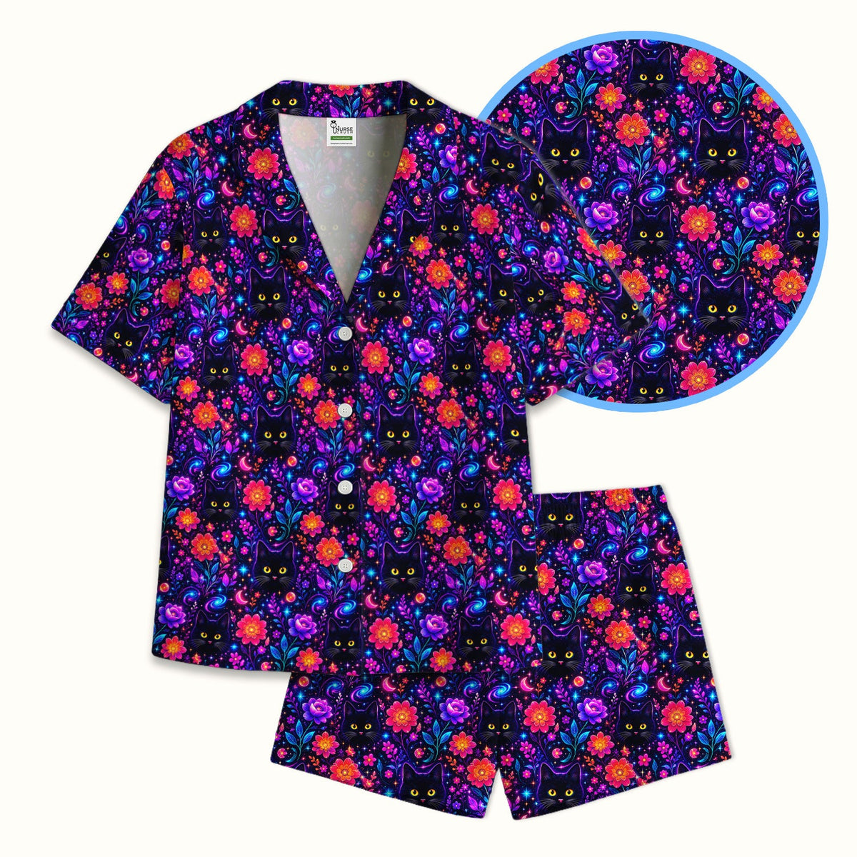 Galaxy Black Cat Floral Pajama Set