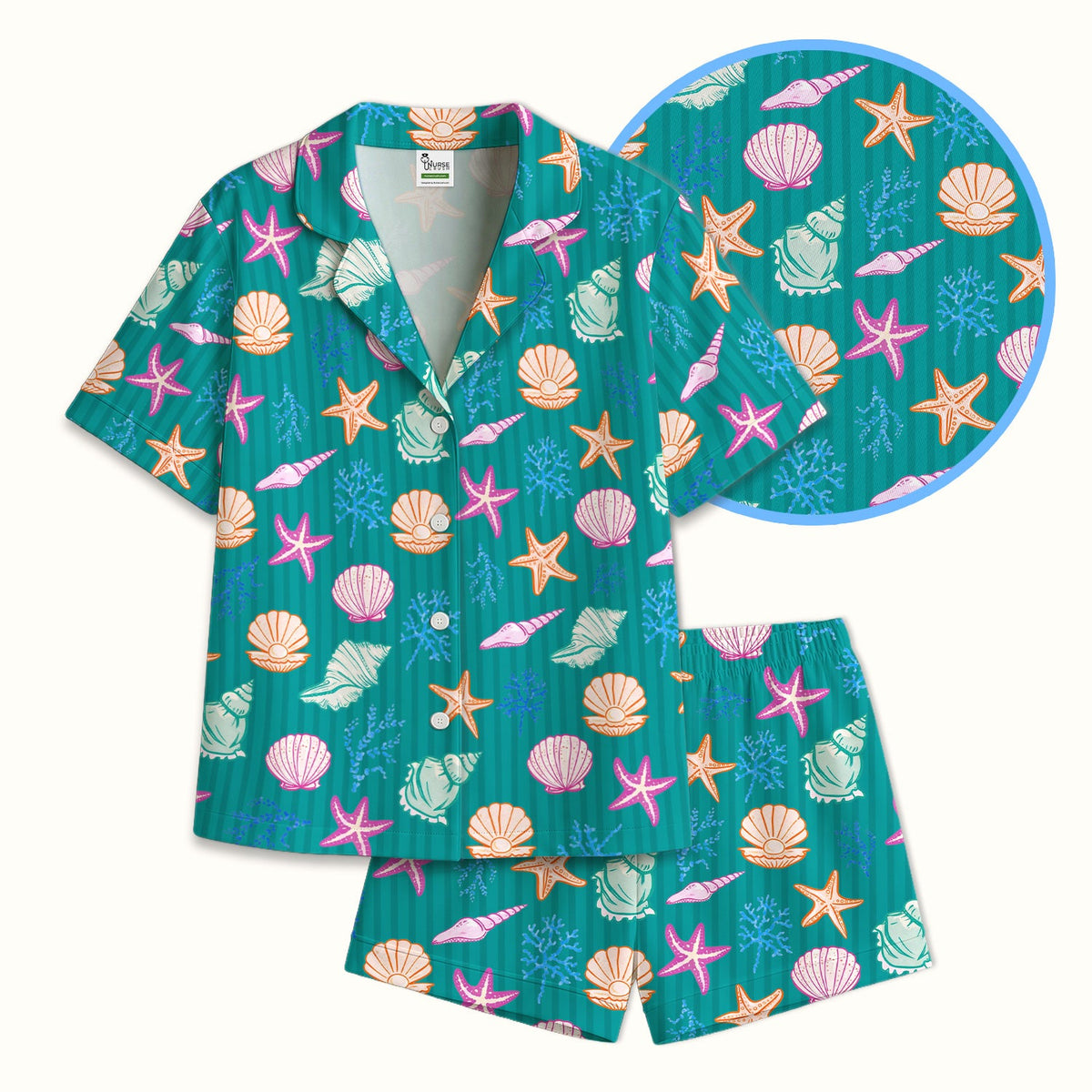Colorful Seashell Starfish Ocean Stripe Pajama Set