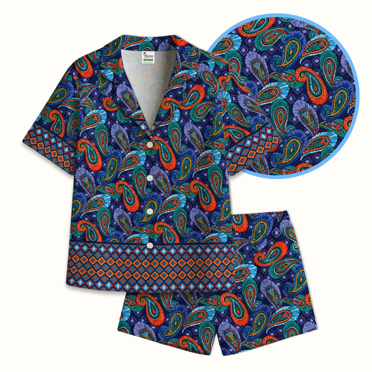Colorful Paisley Geometric Border Pajama Set