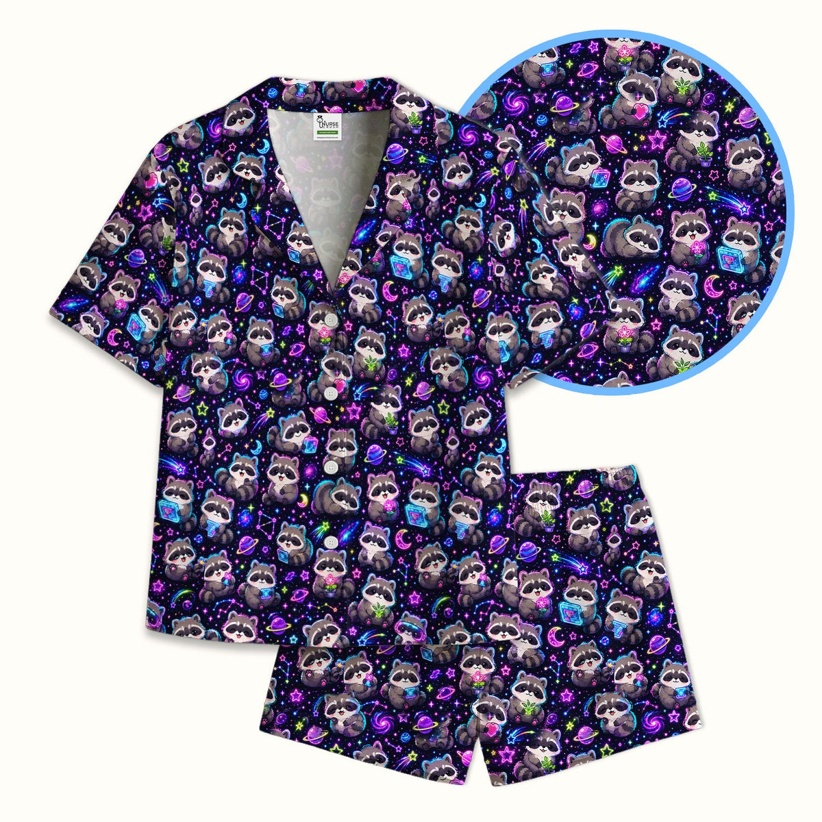 Neon Galaxy Raccoon Space Pajama Set