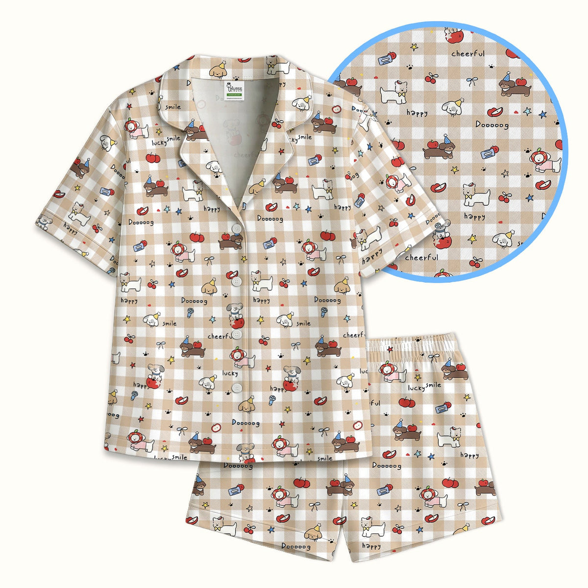 Cartoon Puppy Apple Gingham Pajama Set