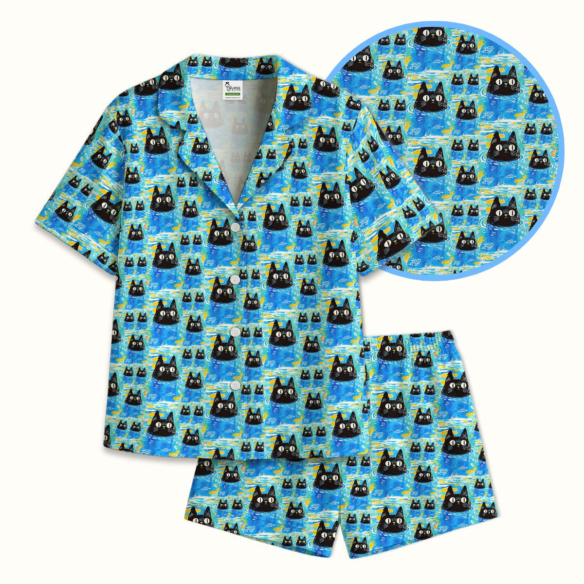 Black Cat Swimming In Blue Water Pajama Set