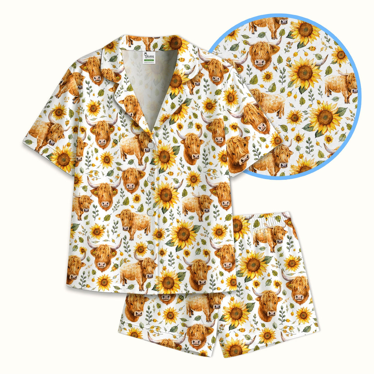 Highland Cow Sunflower Pattern Pajama Set For Nurse