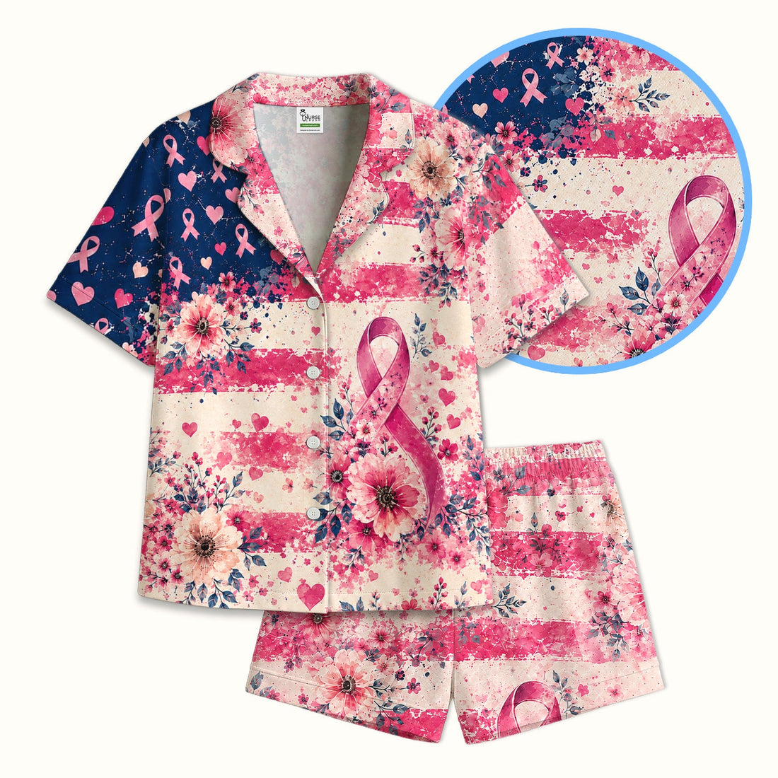 Breast Cancer Floral Flag Nurse Pajama Set