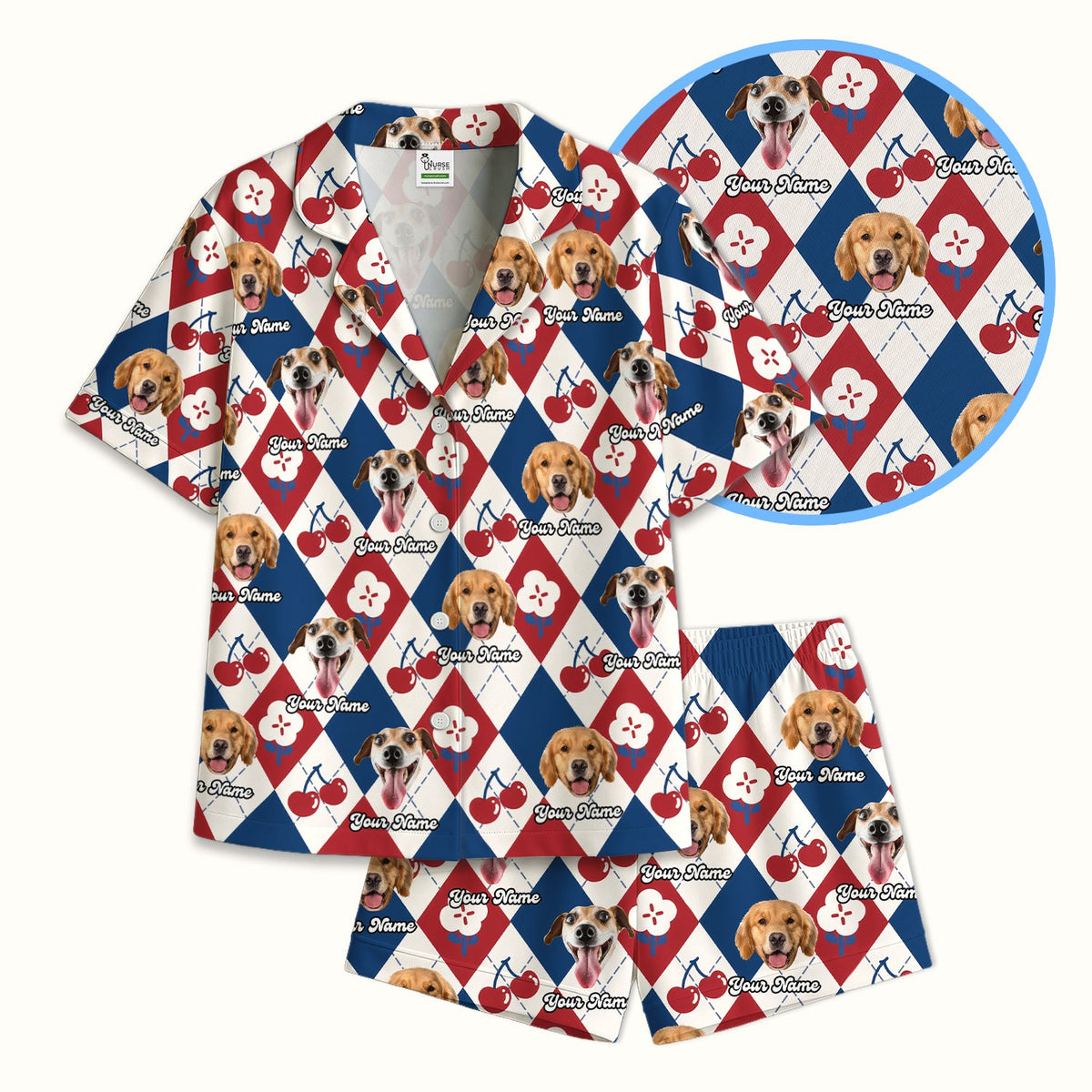 Dog Face Cherry Argyle Pajama Set