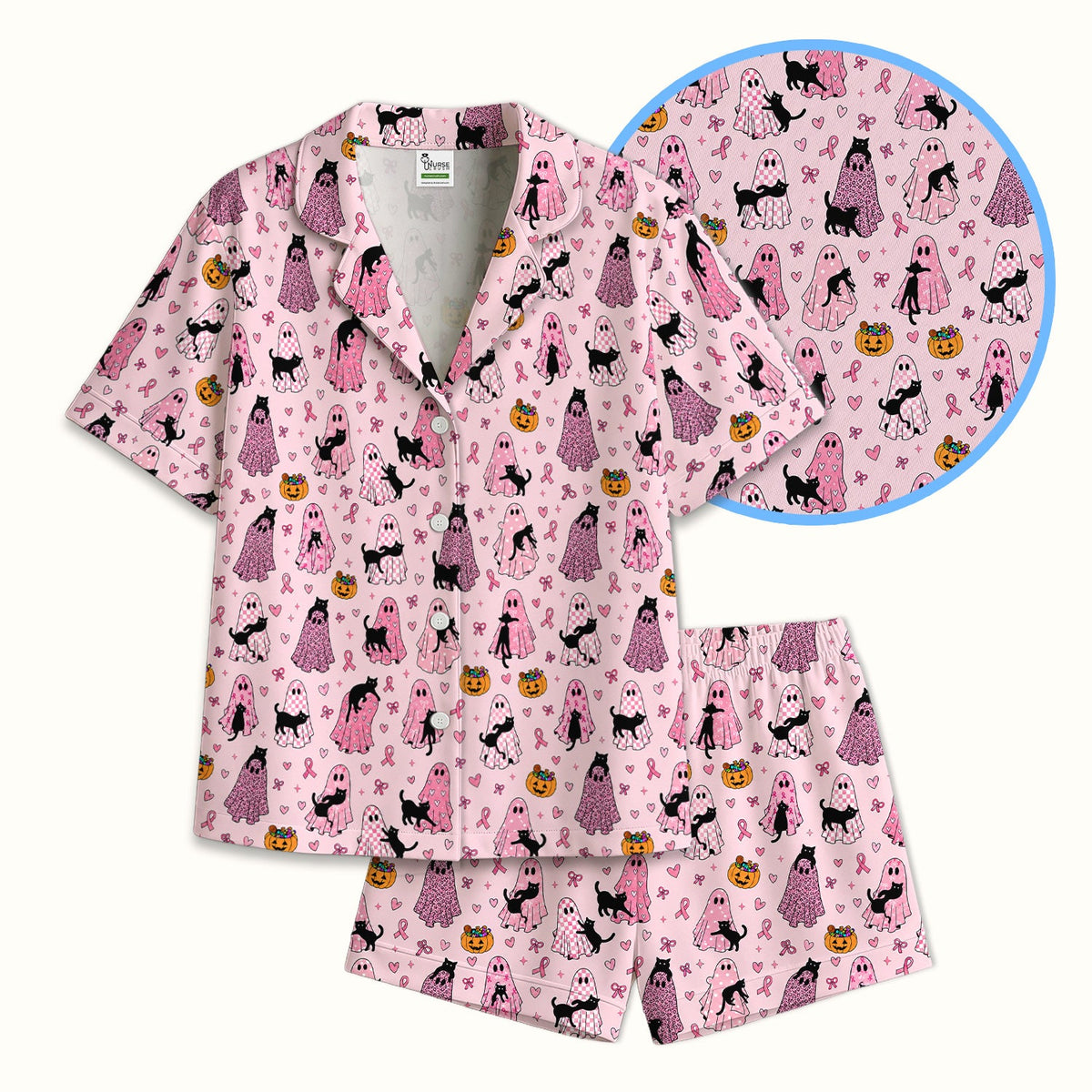 Breast Cancer Awareness Ghost Cat Nurse Pajama Set