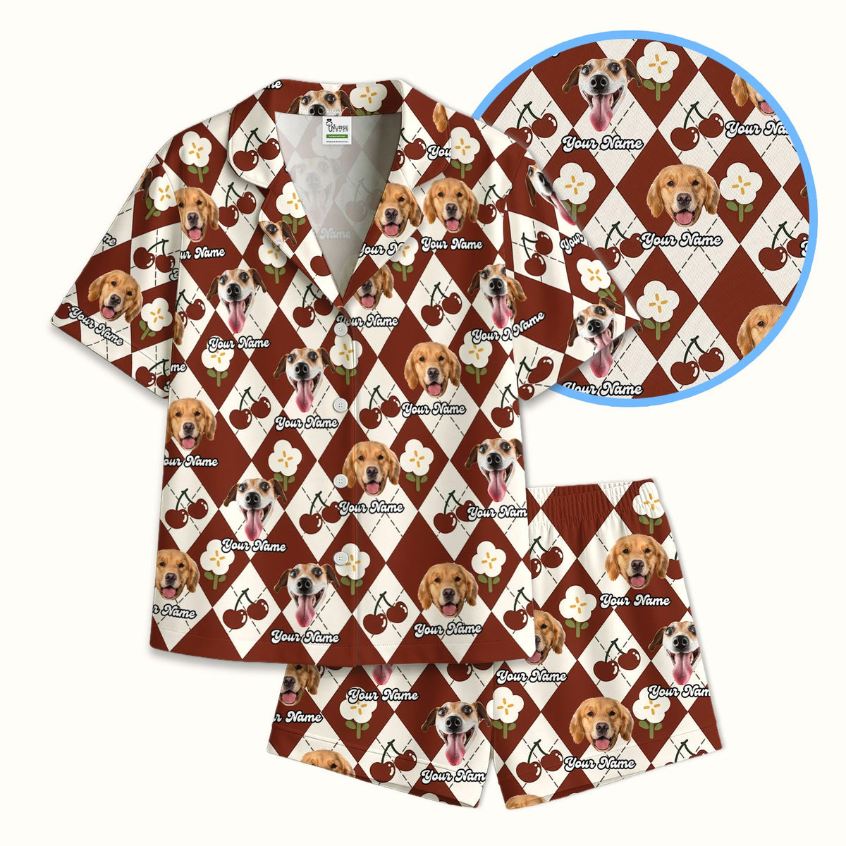 Dog Face Cherry Argyle Pajama Set