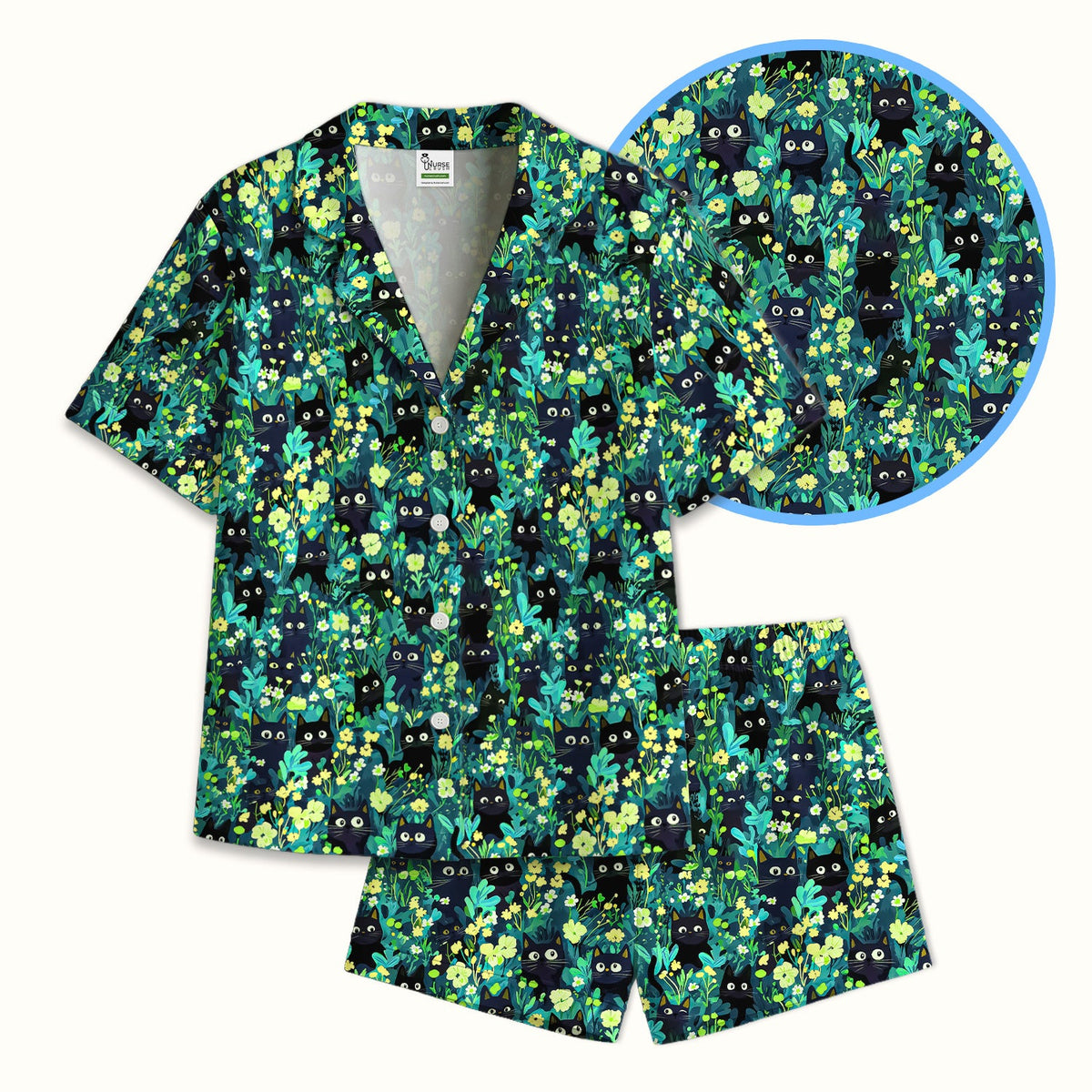 Black Cat Floral Pajama Set
