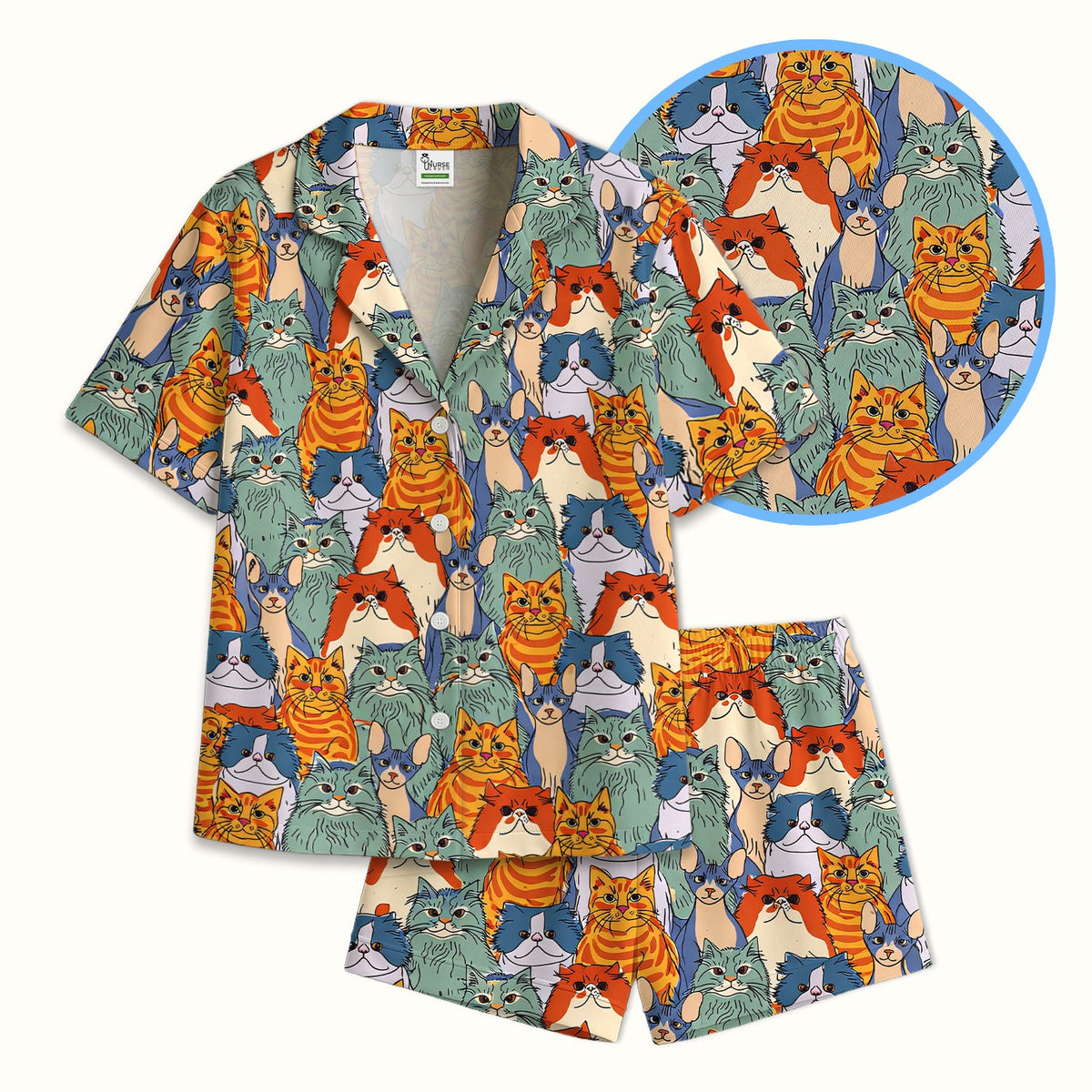 Multicolor Cat Faces Pajama Set